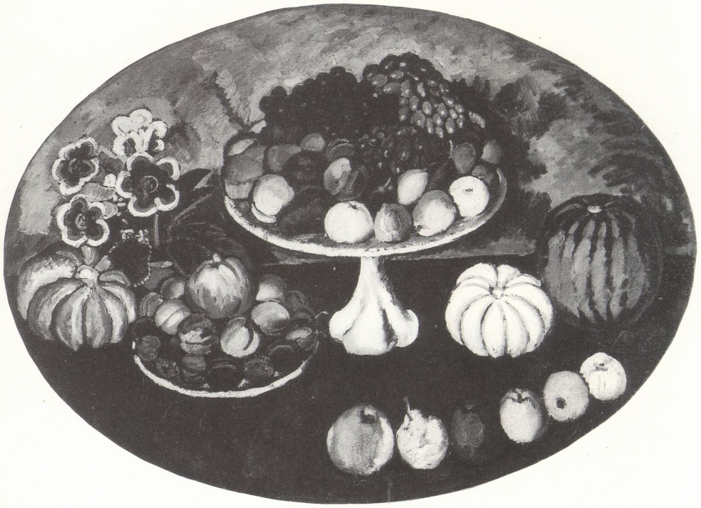 91. И. Машков. Овальный натюрморт с белой вазой и фруктами. 1911